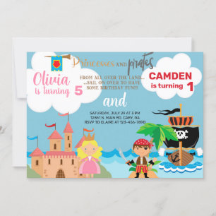 Princess and pirate siblings birthday invitation. invitation