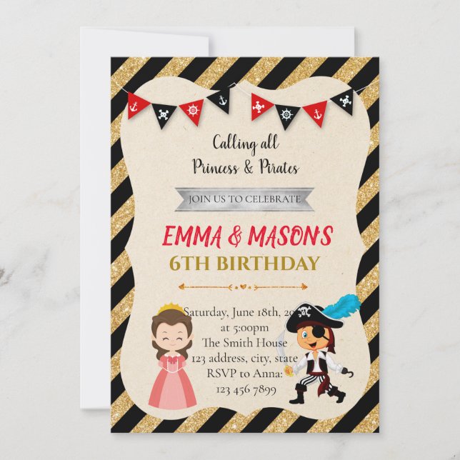 Princess and pirates birthday party invitation (Front)