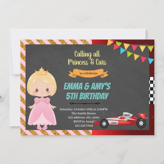 Princess and race car joint party Invitation (Front)
