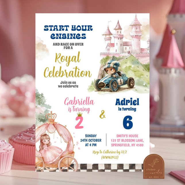 Princess and Racing Car Boy Girl Joint Birthday Invitation (Creator Uploaded)