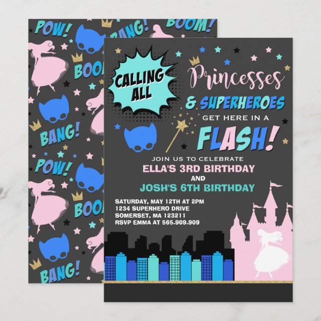 Princess And Superhero Birthday Invitation (Front/Back)