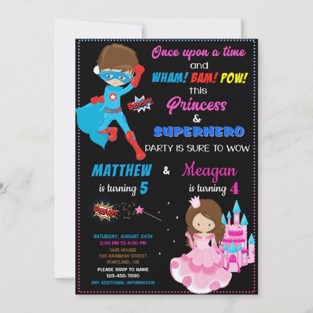 Princess and Superhero birthday invitation Joint (Front)