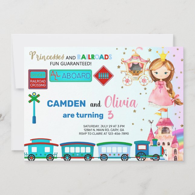 Princess and trains siblings birthday invitation. invitation (Front)