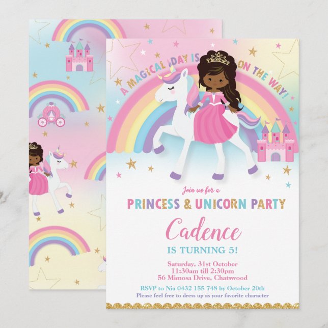 Princess and Unicorn Birthday African American Invitation (Front/Back)