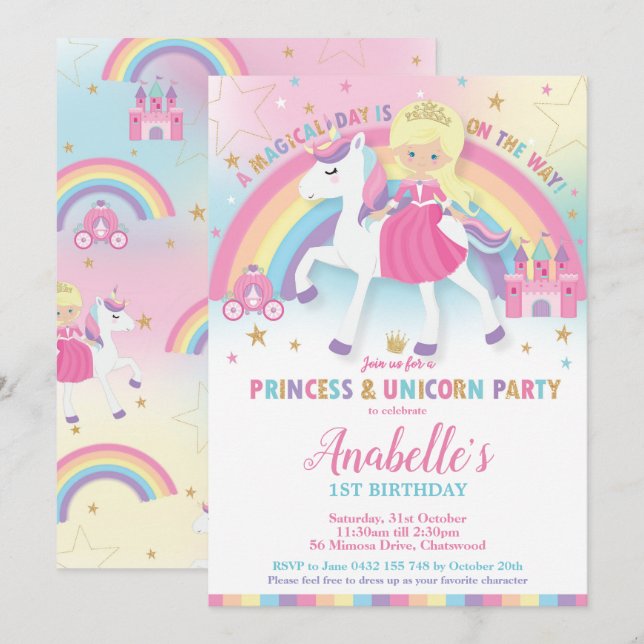 Princess and Unicorn Birthday Invitations Rainbow (Front/Back)