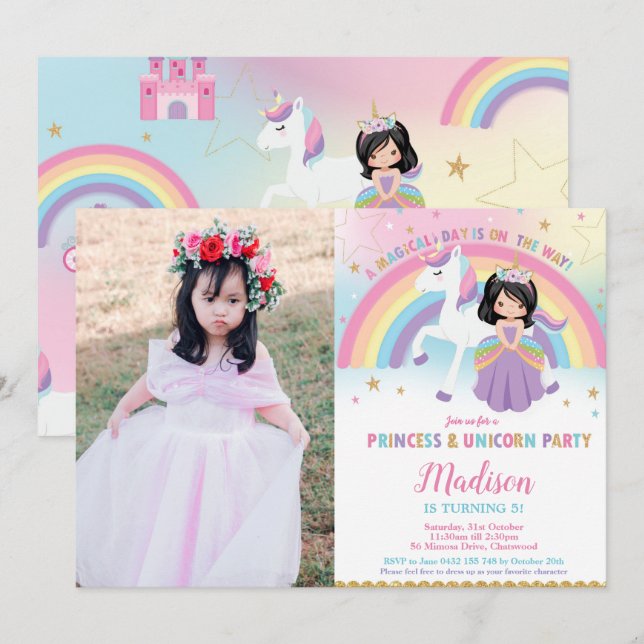 Princess and Unicorn Birthday Party Rainbow Photo Invitation (Front/Back)