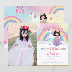 Princess and Unicorn Birthday Party Rainbow Photo Invitation