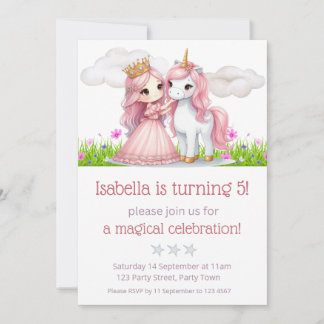 Princess and Unicorn Floral Watercolor Party Invitation