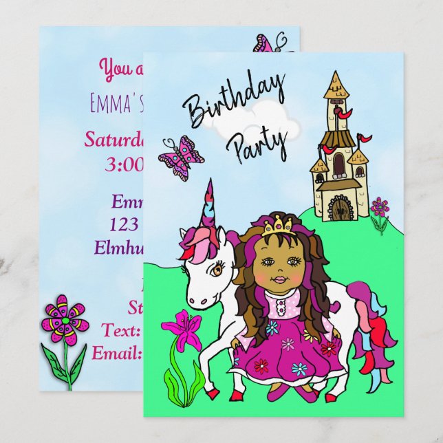 Princess and Unicorn Girl's Birthday Party Invitation (Front/Back)