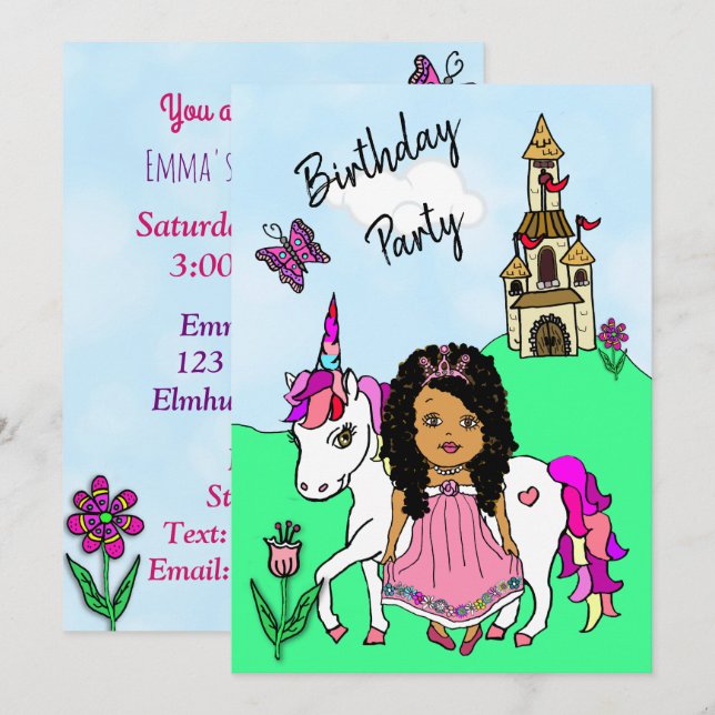 Princess and Unicorn Girl's Birthday Party Invitation (Front/Back)
