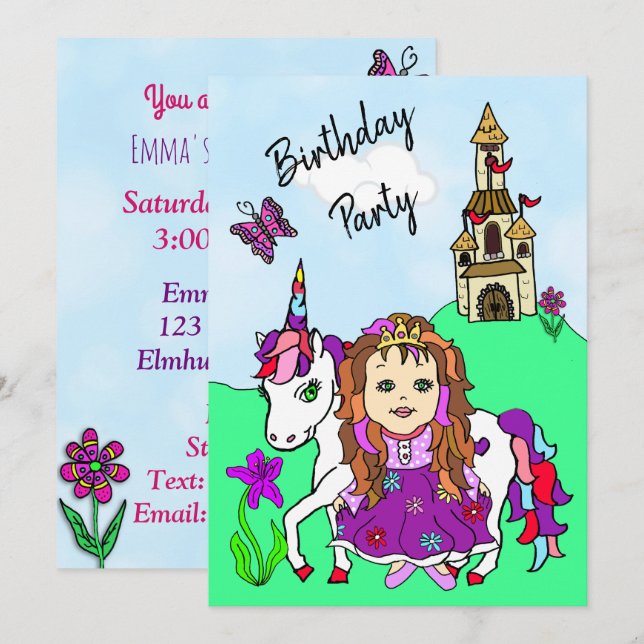 Princess and Unicorn Girl's Birthday Party Invitation (Front/Back)