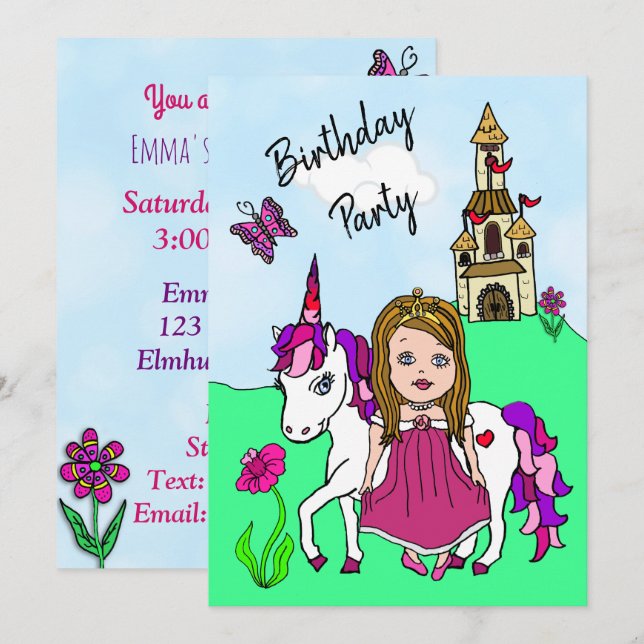 Princess and Unicorn Girl's Birthday Party Invitation (Front/Back)