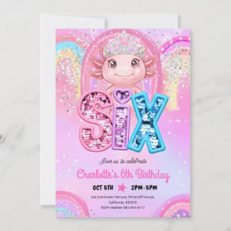 Princess Axolotl 6th Birthday Rainbow Sequin Invitation