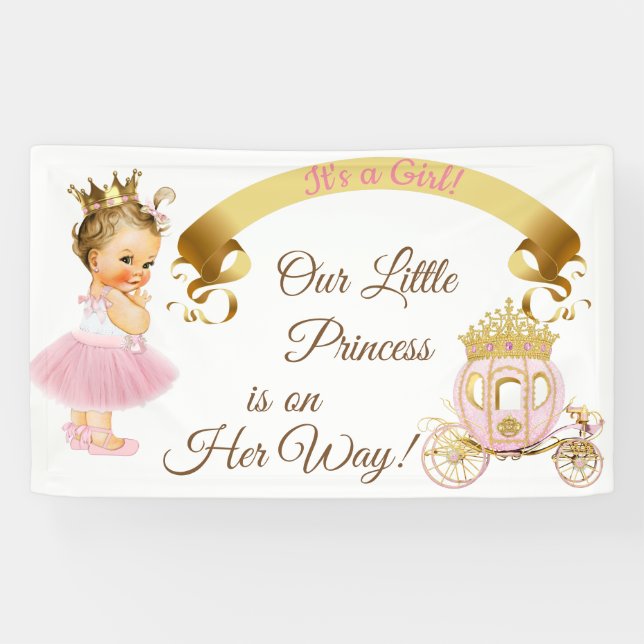 Princess Baby Girl Carriage Pink Gold Banner (Horizontal)