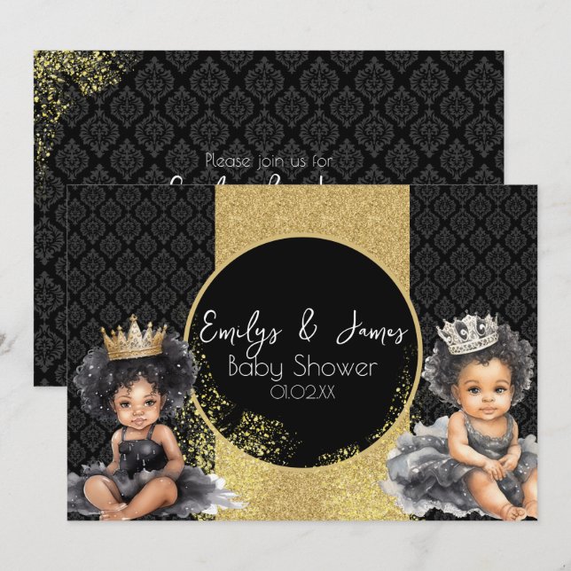 Princess Baby Gold Black Baby Twins Shower  Invitation (Front/Back)