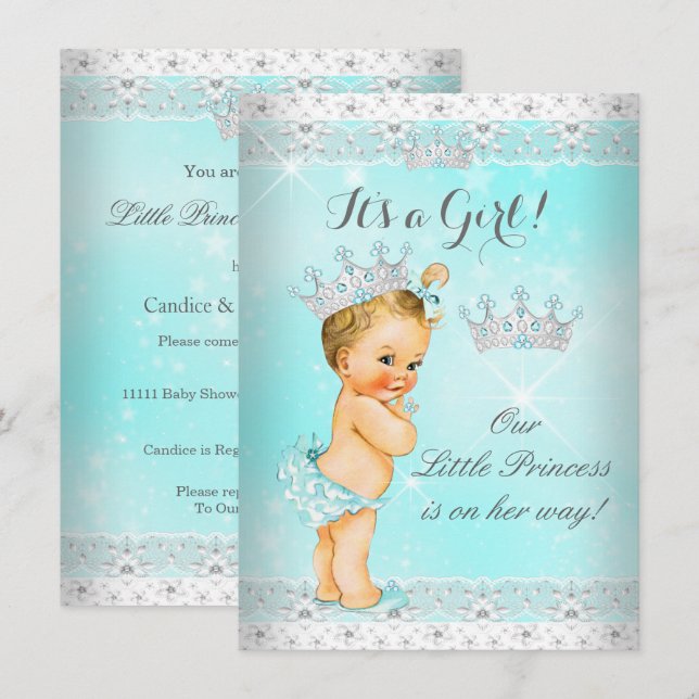 Princess Baby Shower Aqua Lace Tiara Blonde Baby Invitation (Front/Back)