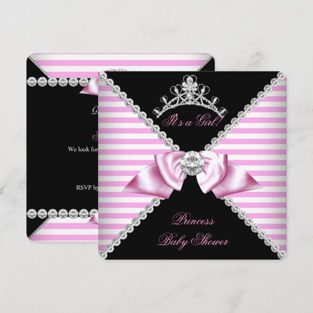 Princess Baby Shower Black Pink Stripe Bow Diamond Invitation (Front/Back)