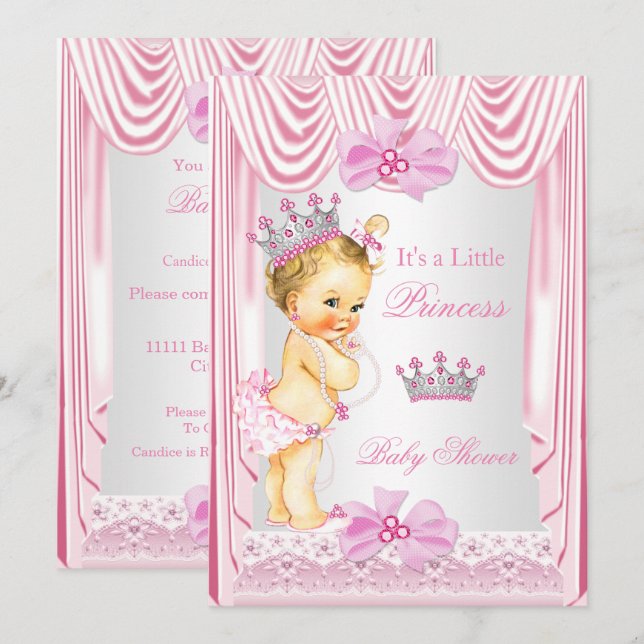 Princess Baby Shower Blonde Girl Pink Silk Invitation (Front/Back)