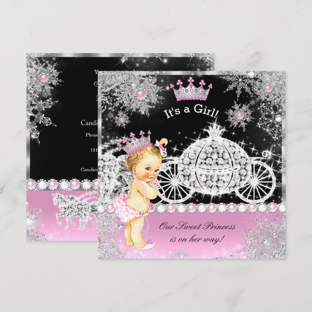 Princess Baby Shower Carriage Pink Black Blonde Invitation (Front/Back)