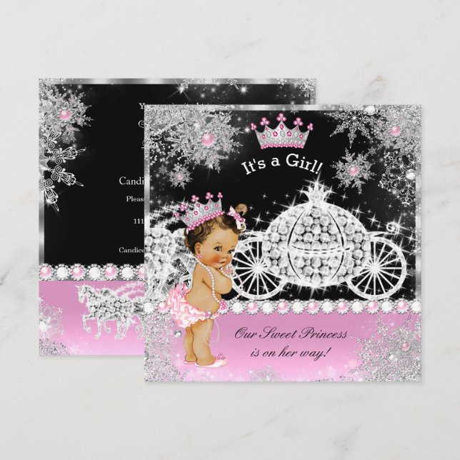 Princess Baby Shower Carriage Pink Black Brunette Invitation (Front/Back)