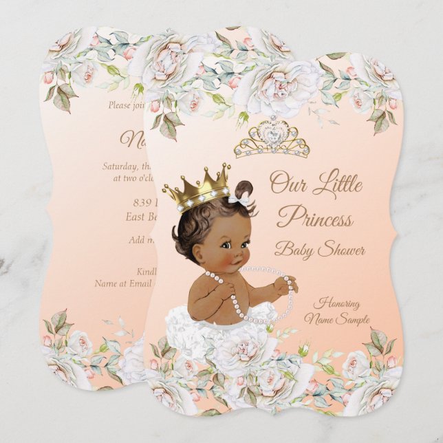 Princess Baby Shower Coral Peach White Ethnic Invitation (Front/Back)