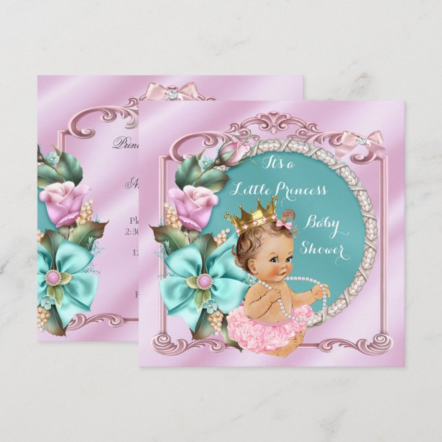 Princess Baby Shower Floral Teal Pink Brunette Invitation (Front/Back)