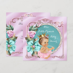 Princess Baby Shower Floral Teal Pink Brunette Invitation