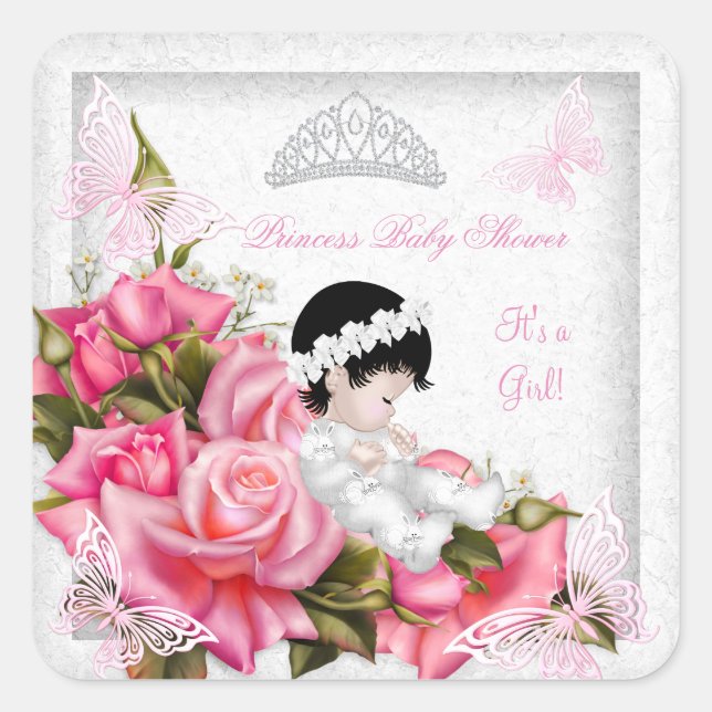 Princess Baby Shower Girl Butterfly Pink Rose 2 Square Sticker (Front)
