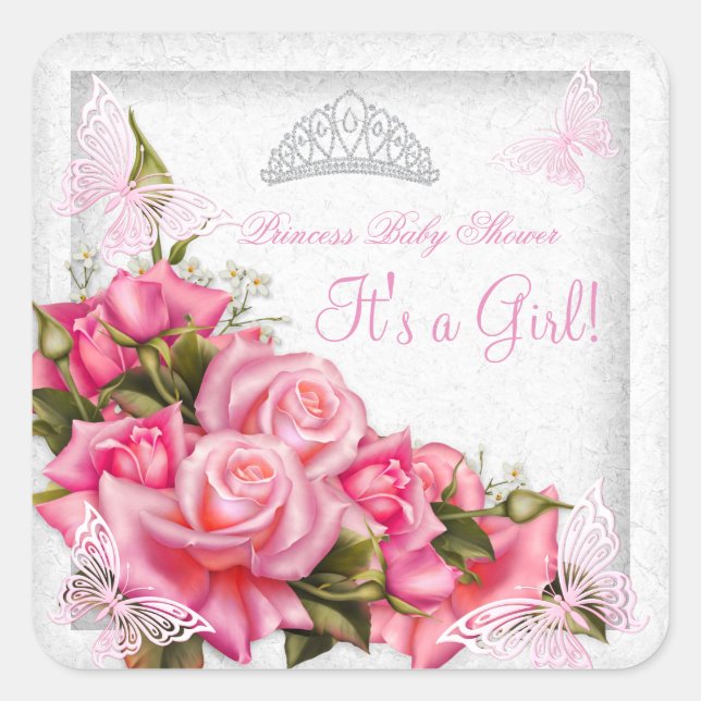 Princess Baby Shower Girl Butterfly Pink Rose 3 Square Sticker (Front)