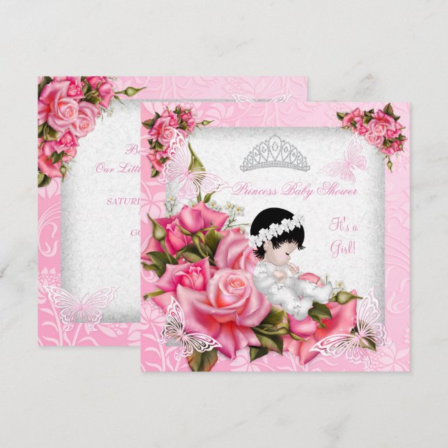 Princess Baby Shower Girl Butterfly Pink Rose Invitation (Front/Back)