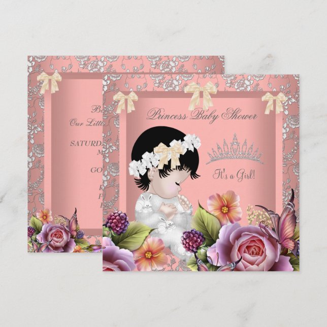 Princess Baby Shower Girl Coral Pink Rose Tiara Invitation (Front/Back)