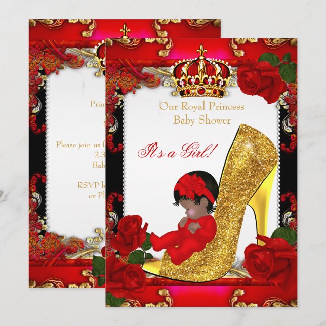 Princess Baby Shower Girl Gold Red Rose Ethnic Invitation (Front/Back)