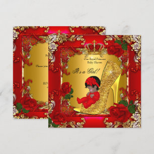Princess Baby Shower Girl Gold Red Rose Hi Heel Invitation