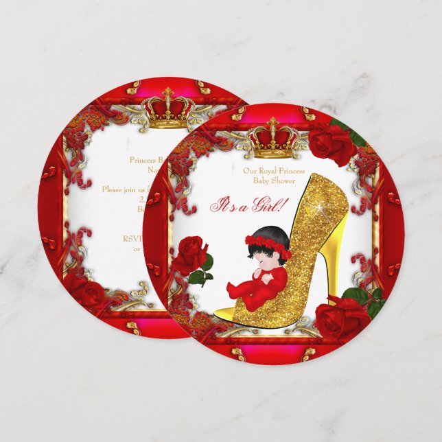 Princess Baby Shower Girl Gold Red Rose Hi Heel R3 Invitation (Front/Back)