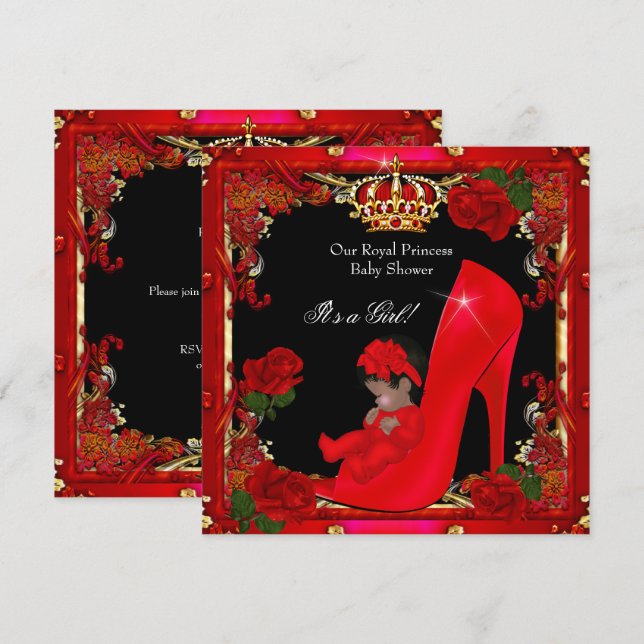 Princess Baby Shower Girl Gold Red Rose Shoe 2a Invitation (Front/Back)