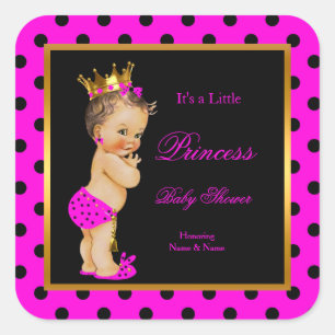 Princess Baby Shower Girl Hot Pink Black Brunette Square Sticker