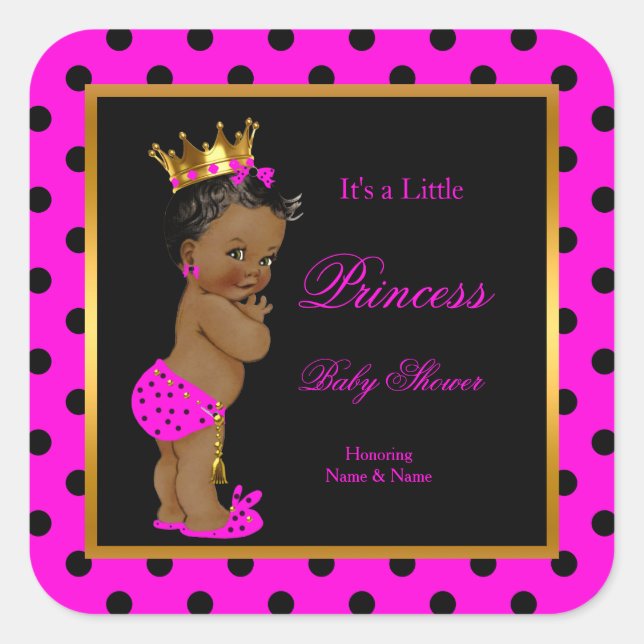 Princess Baby Shower Girl Hot Pink Black Ethnic Square Sticker (Front)