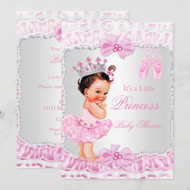 Princess Baby Shower Girl Pink Ballerina Brunette Invitation (Front/Back)