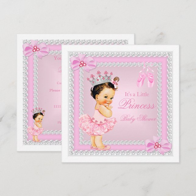 Princess Baby Shower Girl Pink Ballerina Brunette Invitation (Front/Back)