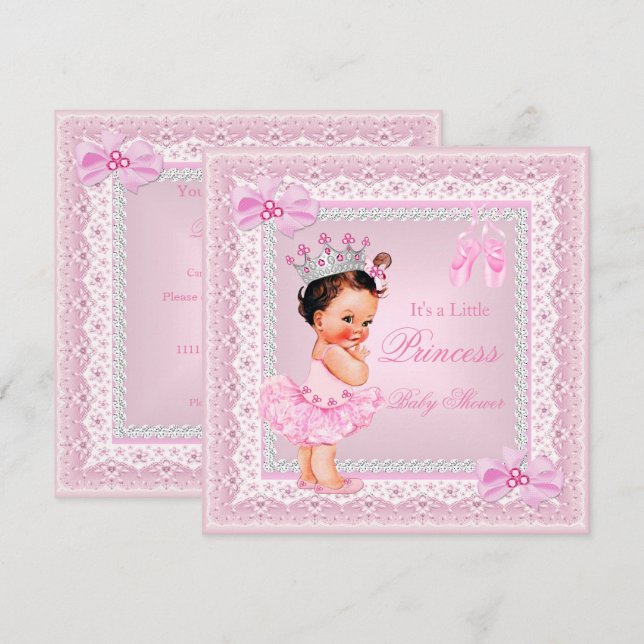 Princess Baby Shower Girl Pink Ballerina Brunette Invitation (Front/Back)