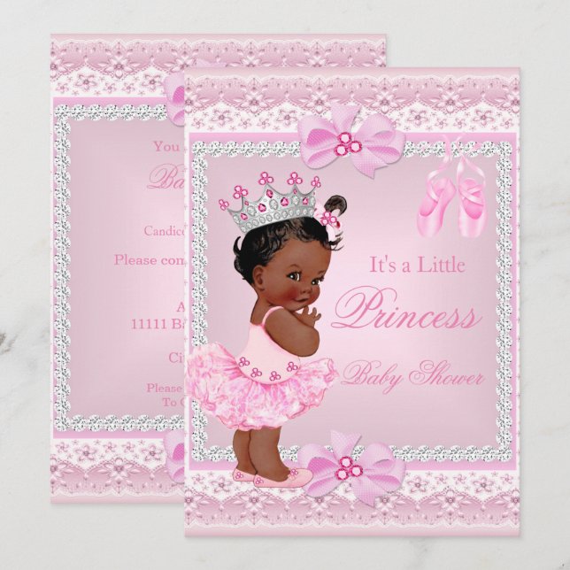 Princess Baby Shower Girl Pink Ballerina Ethnic Invitation (Front/Back)