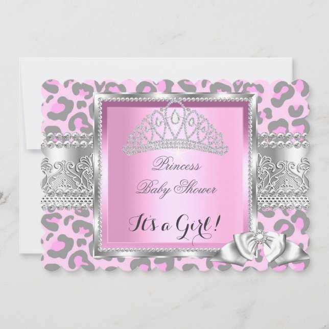Princess Baby Shower Girl Pink Grey Leopard 2 Invitation (Front)