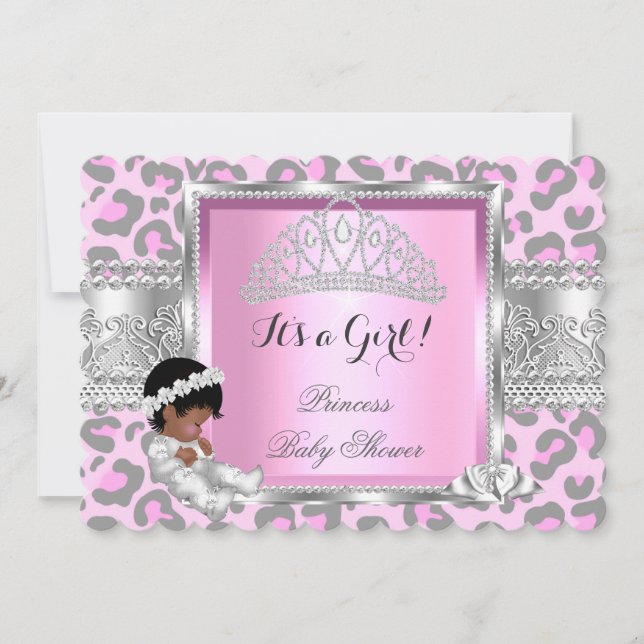 Princess Baby Shower Girl Pink Grey Leopard 4 Invitation (Front)