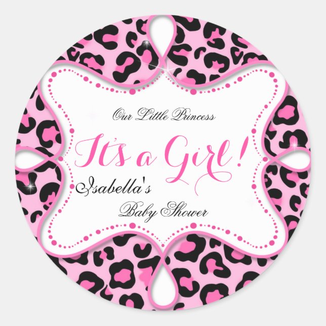Princess Baby Shower Girl Pink Leopard Classic Round Sticker (Front)