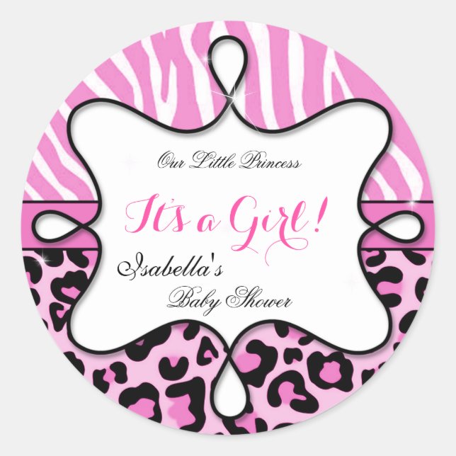 Princess Baby Shower Girl Pink Leopard Zebra Classic Round Sticker (Front)