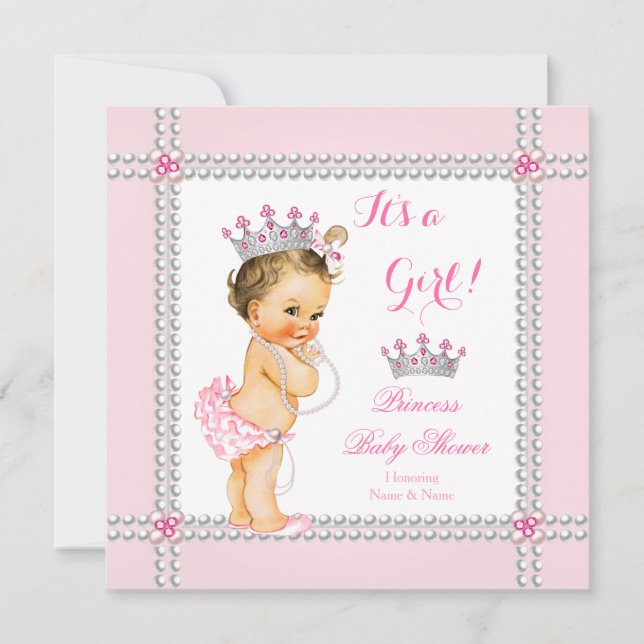 Princess Baby Shower Girl Pink Pearls Brunette Invitation (Front)