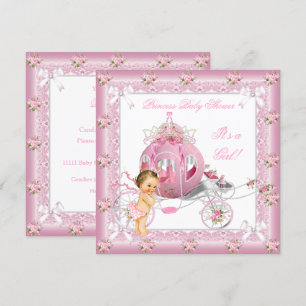 Princess Baby Shower Girl Pink Pearls Brunette Invitation