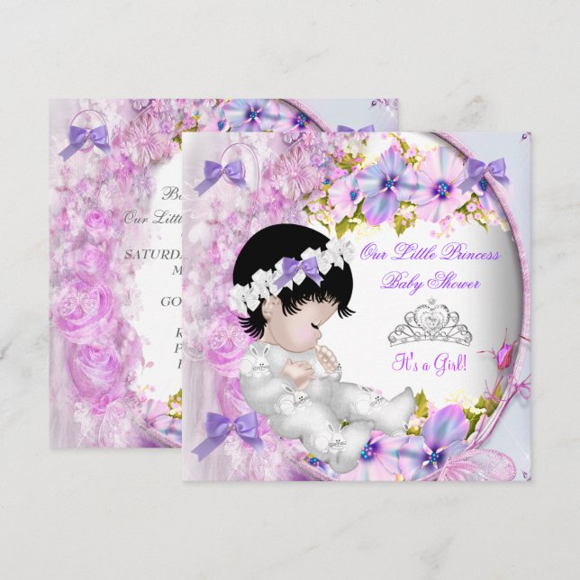 Princess Baby Shower Girl Pink Purple Floral 3 Invitation (Front/Back)