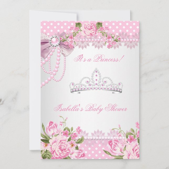 Princess Baby Shower Girl Pink Rose Polka Dots Invitation (Front)