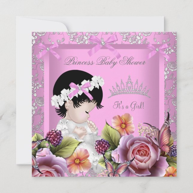 Princess Baby Shower Girl Pink Rose Tiara Damask Invitation (Front)